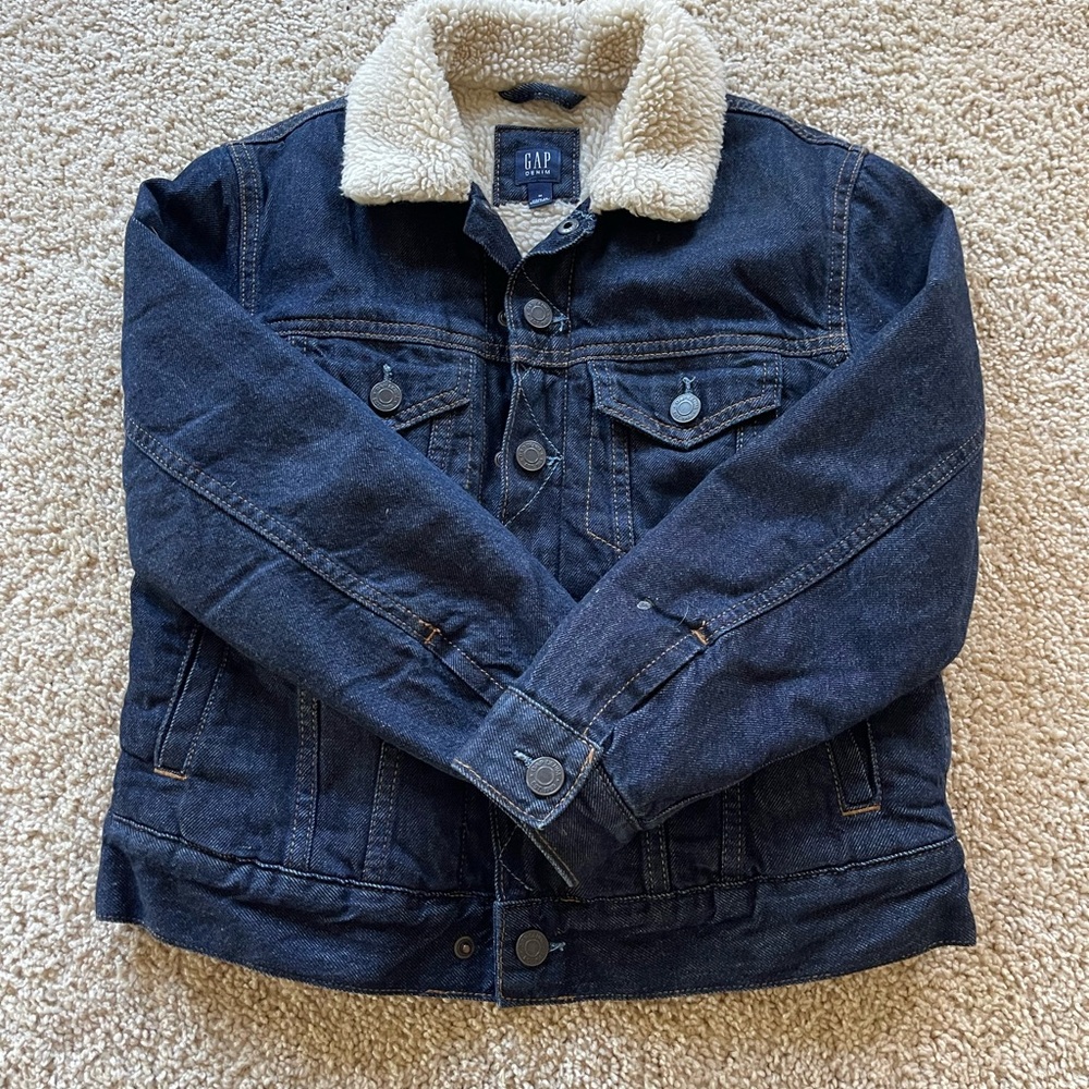 GAP Kids Dark Blue Jean Jacket with Cream Sherpa Collar